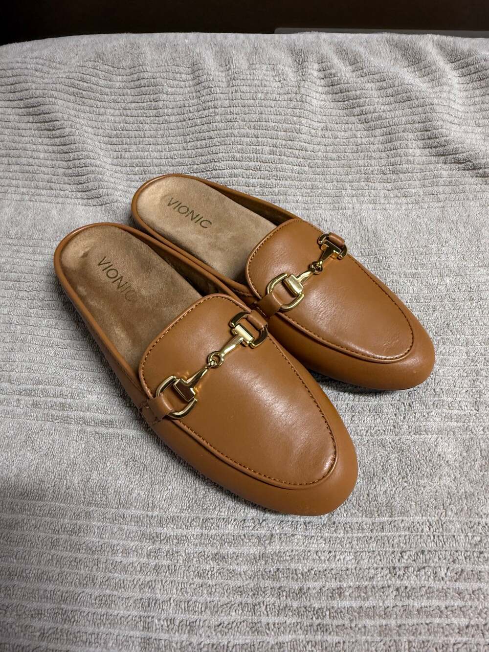 VIONIC Adeline Saddle Tan Leather Horsebit Loafer Mule Slide orthotic Sz 7